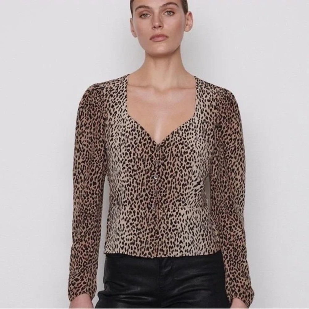 Frame Silk Animal Print Top Womens M Peplum Blouse Career Cheetah Leopard - Picture 1 of 9
